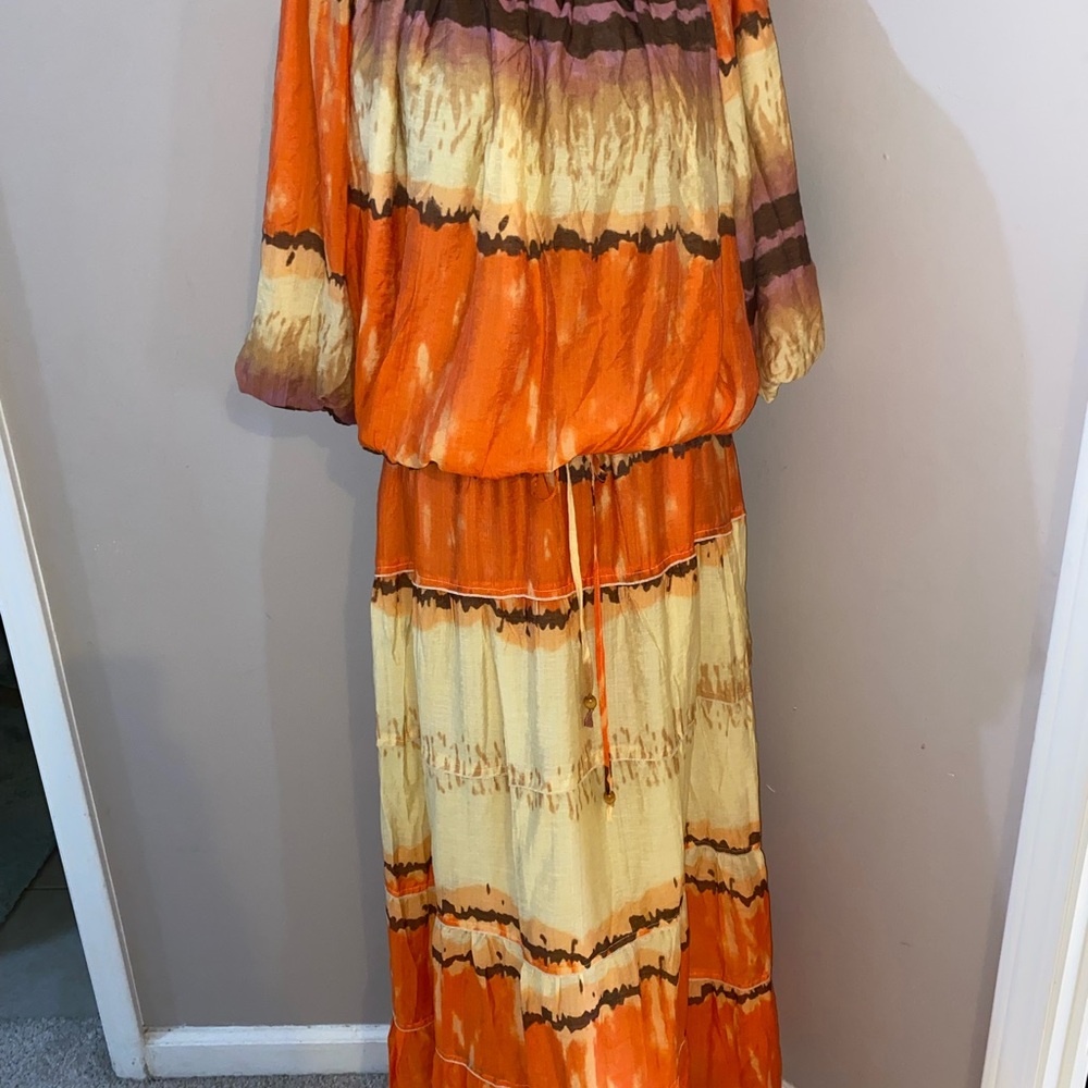 Easel BOHO Orange and Cream Tie-Dye Maxi 2 Piece Skirt and Blouse